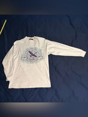 Eddie Bauer Light Gray Long Sleeve Graphic Tee with Purple & Teal Print